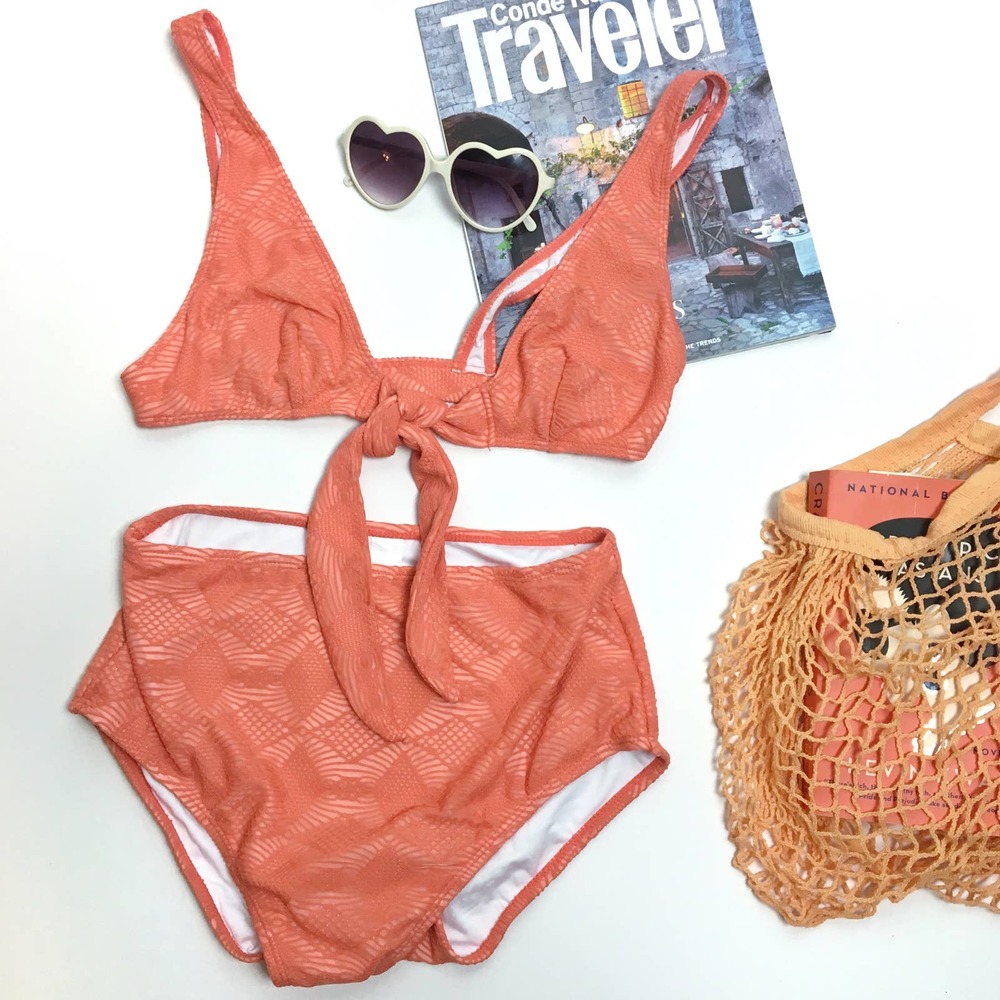 New ASOS swim suit Coral pink crochet high waist bikini set Size 6 NWT